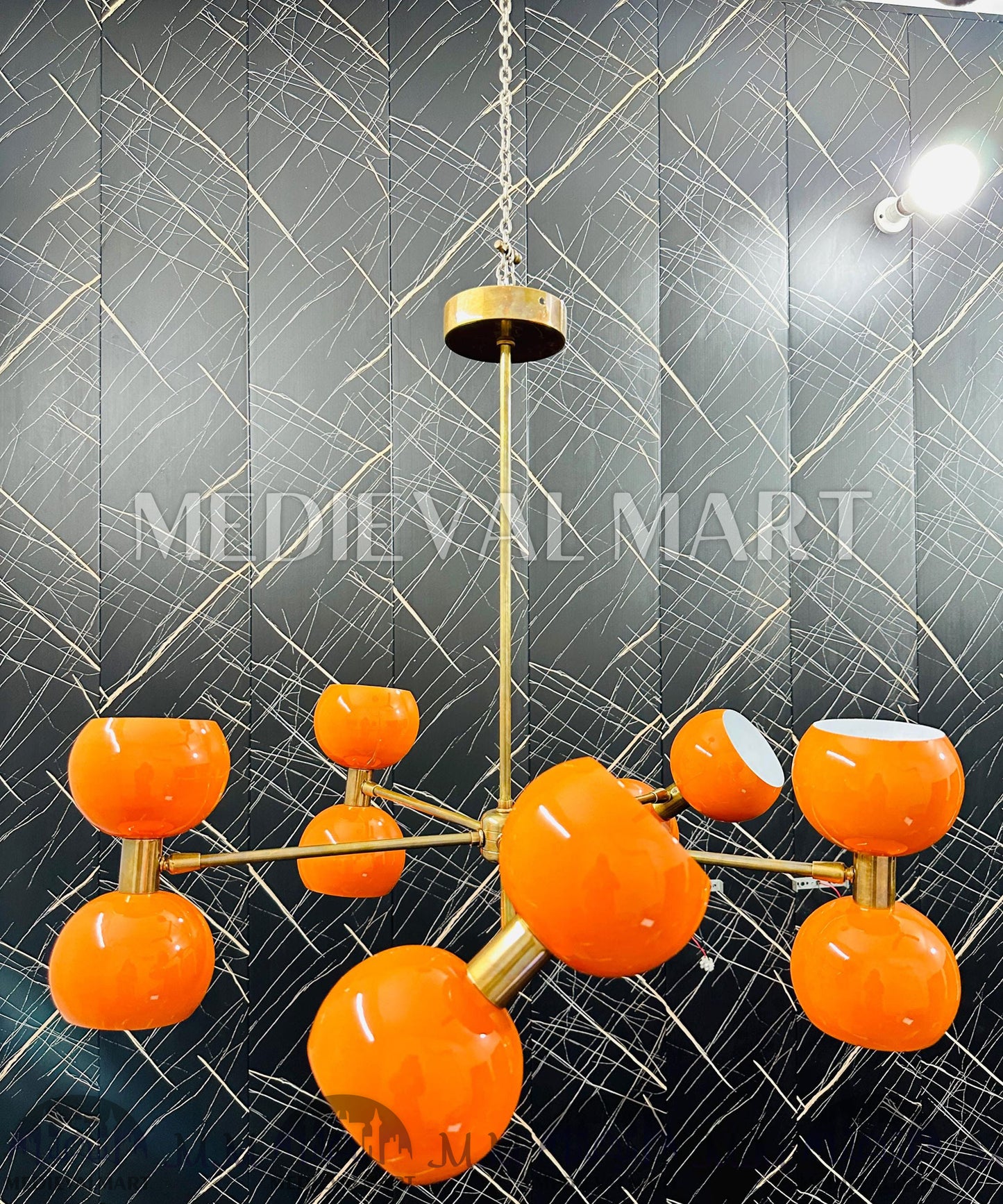 MEDIEVALMART Mid Century Sputnik Chandelier: Brass & Orange Ball Ceiling Light