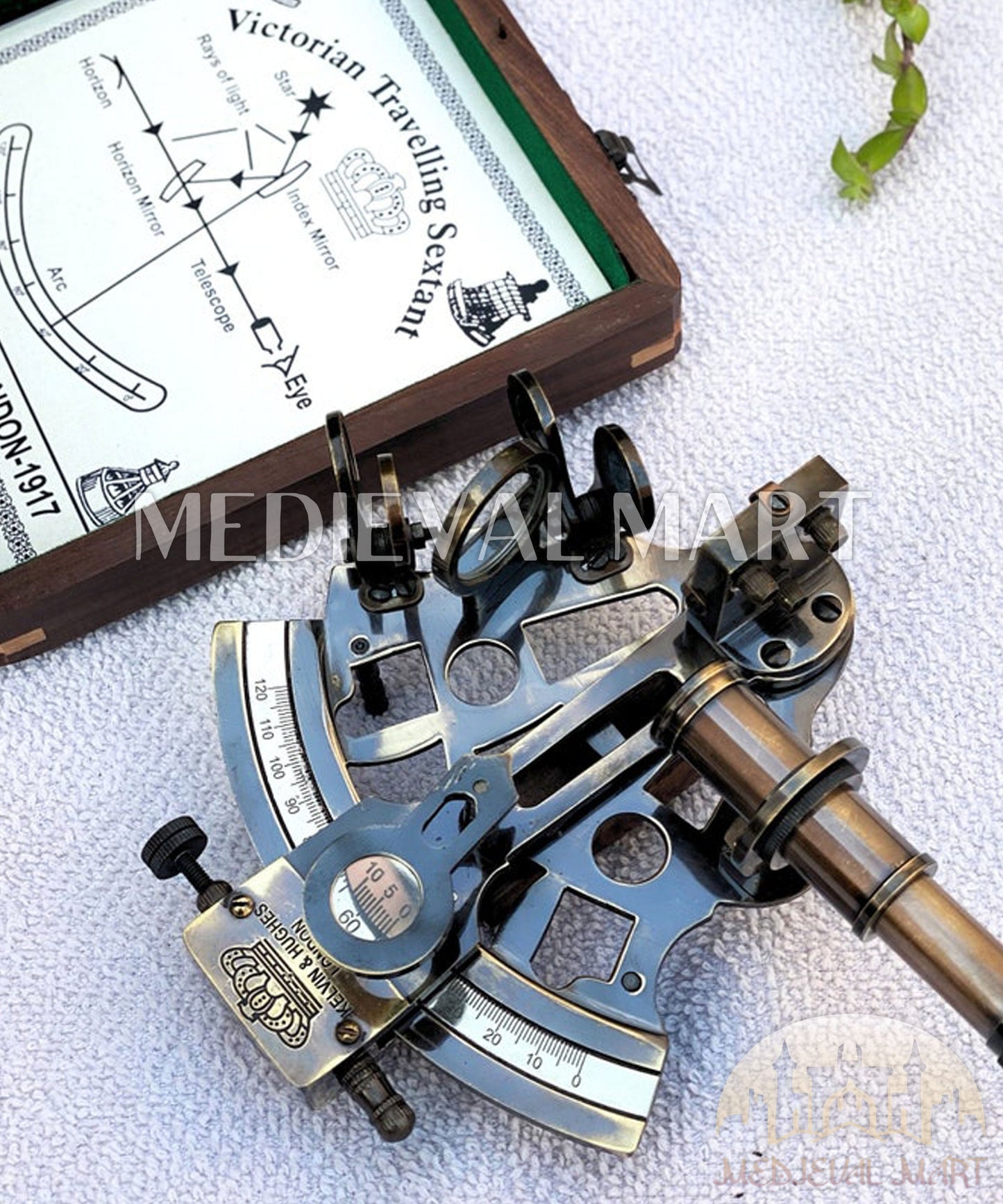 MEDIEVALMART Nautical Kelvin & Huges London 1917 Working Sextant W/H Wooden Box | Antique Maritime Navigational Instrument, Christmas Gifts