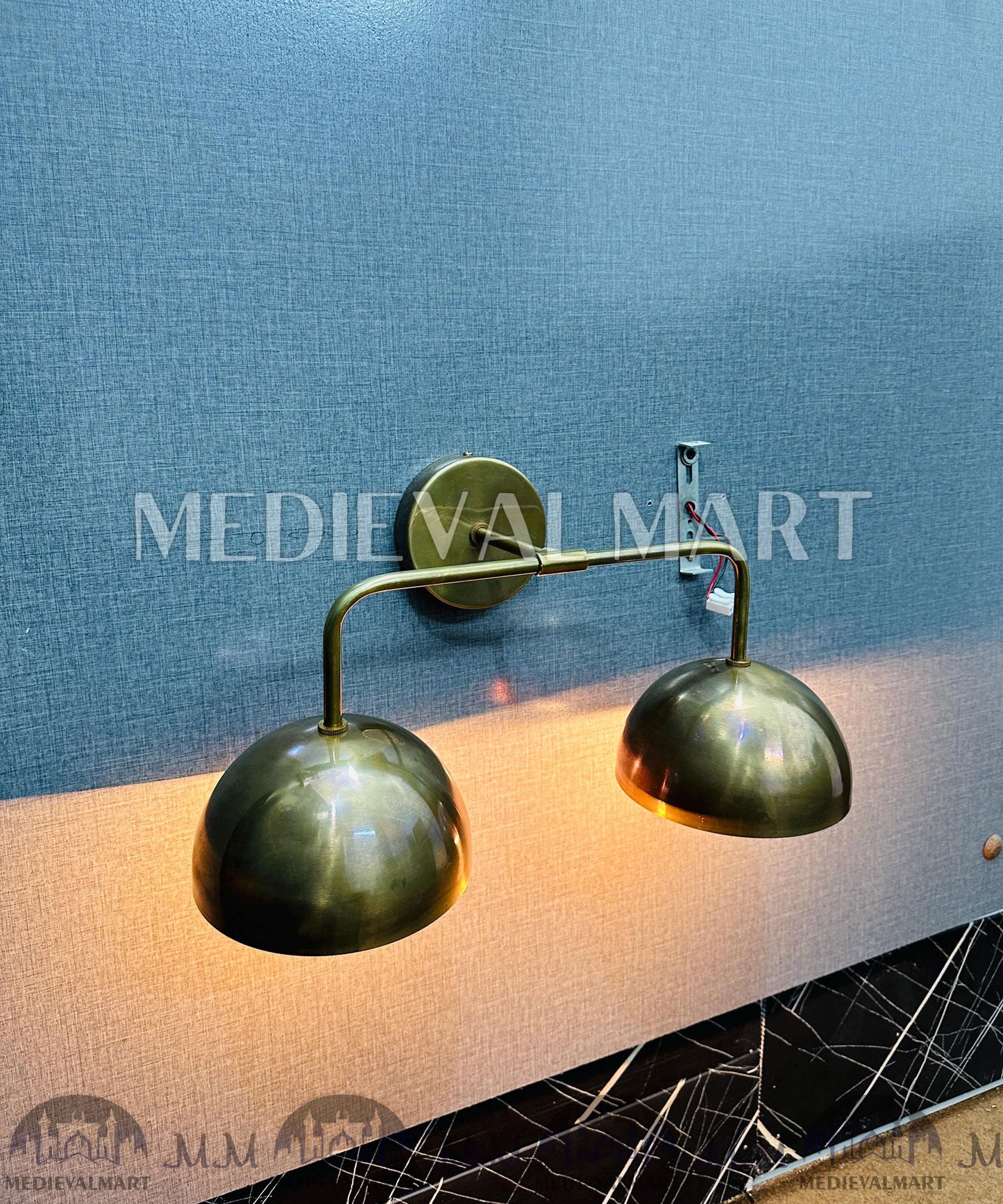 MEDIEVALMART 1950s Brass Double Dome Wall Sconce: Mid-Century Modern Industrial Light