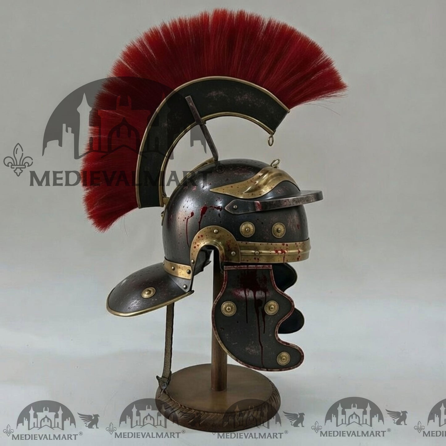MEDIEVALMART Gallic Roman Centurion Black Damage W/H Blood Finish Helmet Replica Red Plume with Free Stand