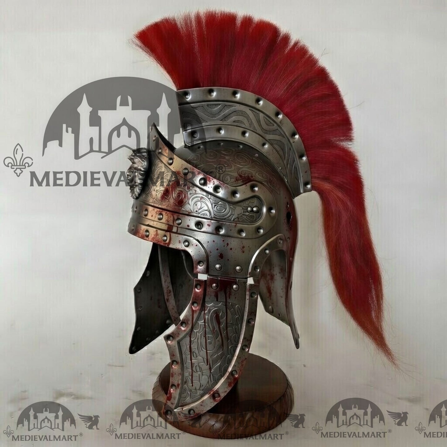 MEDIEVALMART Medieval Roman Centurion Silver Battle Damage W/H Blood Finish Helmet with Red Plume or Free Wooden Stand