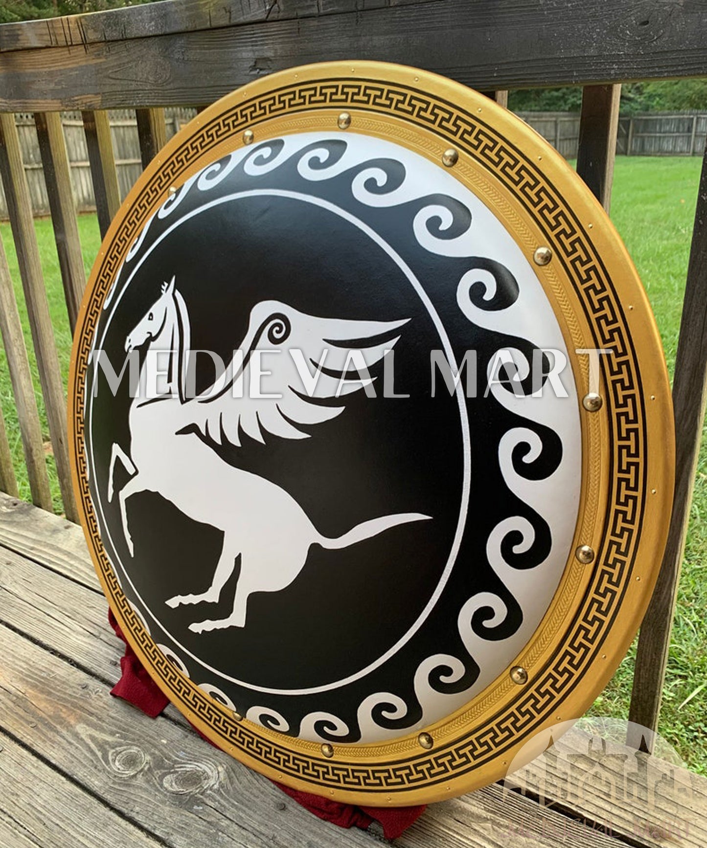 MEDIEVALMART Iconic Pegasus Ancient Greek Hoplite Battleworn Metal/Brass Shield | Gifts For Dad