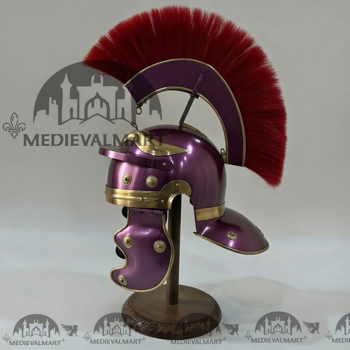 MEDIEVALMART Gallic Roman Centurion Purple Finish Helmet Replica Red Plume with Free Stand