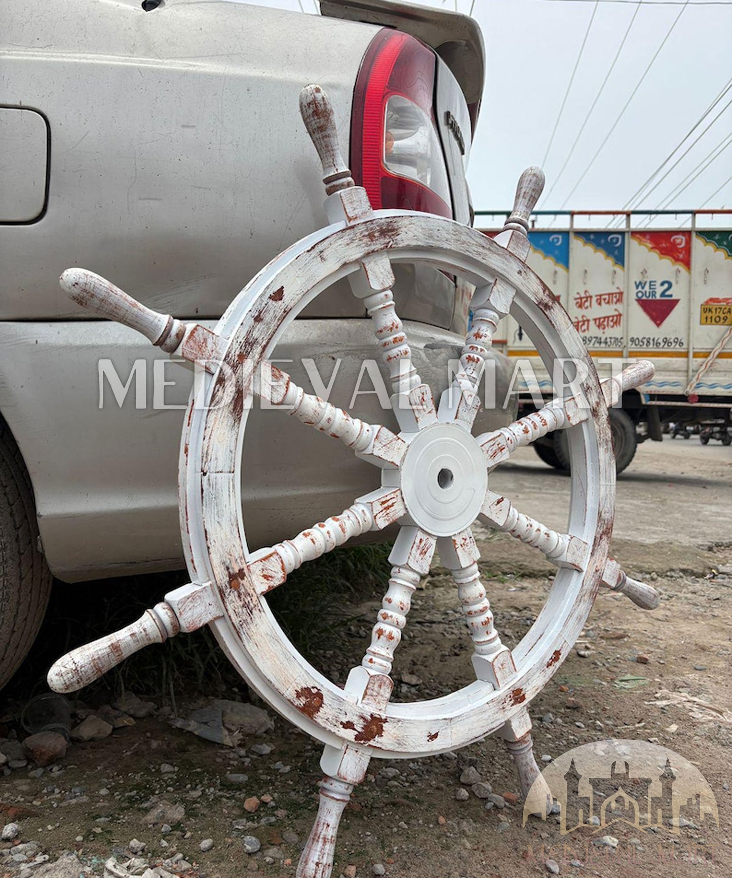 MEDIEVALMART Nautical Wooden "White Damaged" Ship Wheel for Wall Decor