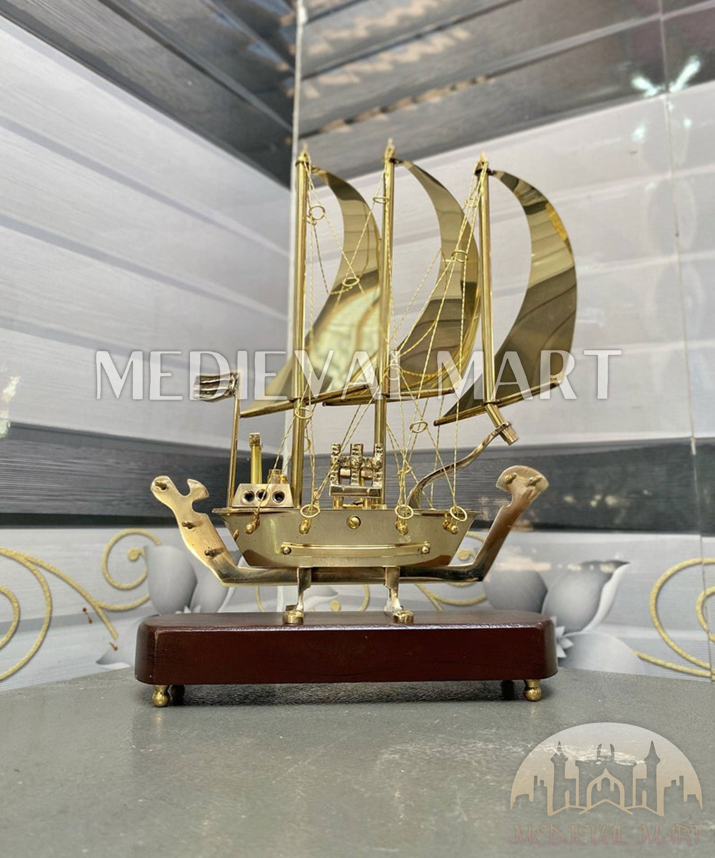 MEDIEVALMART Brass Decorative Ship W/H Wooden Base | Fully Brass Maritime Majesty Handcrafted Ship, Christmas Gifts