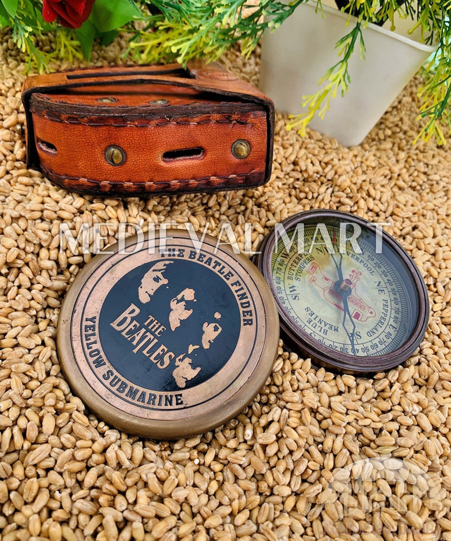 MEDIEVALMART Nautical Vintage The Beatles Custom Working Compass Antique Finish W/H Leather Case | Gift For Mom & Dad