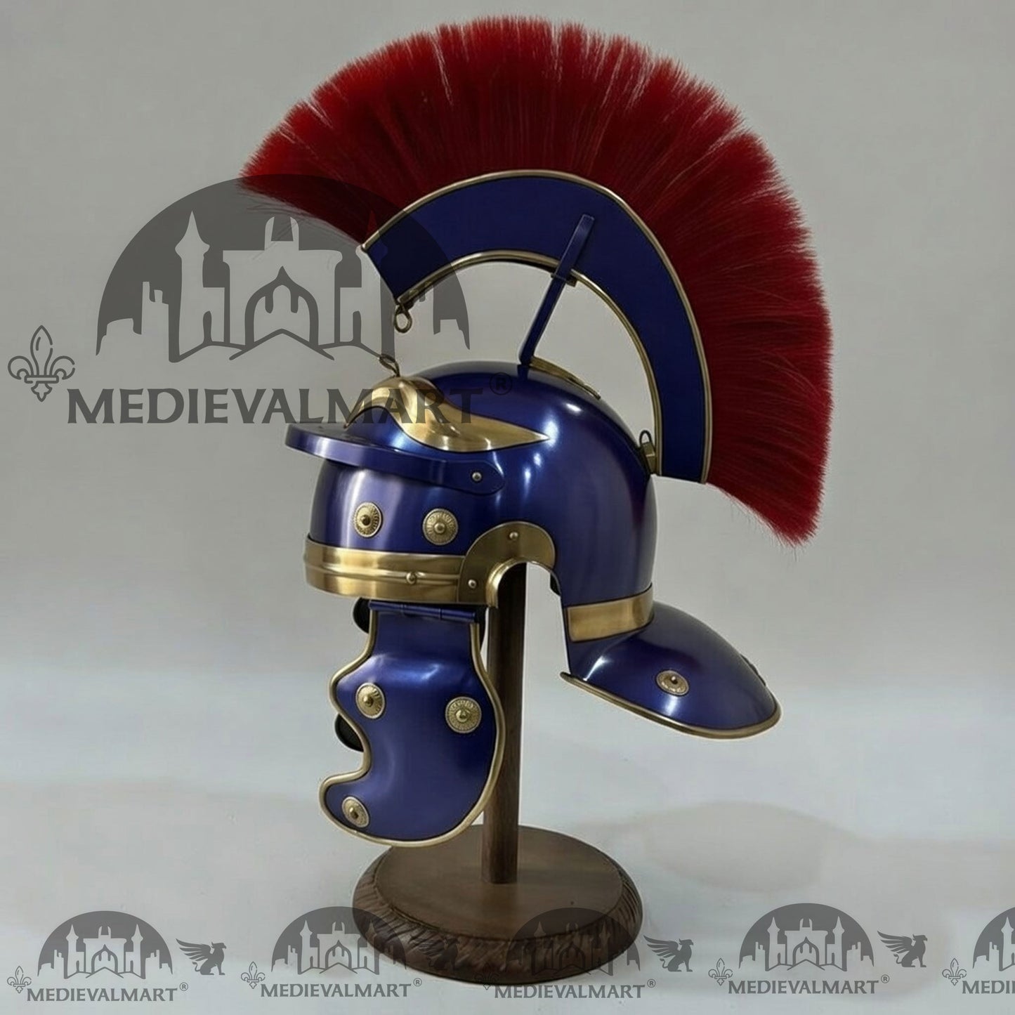 MEDIEVALMART Gallic Roman Centurion Blue Finish Helmet Replica Red Plume with Free Stand