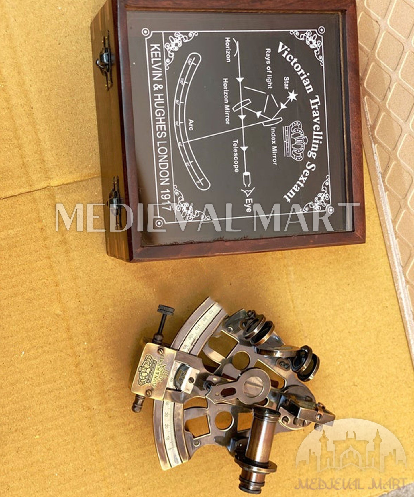 MEDIEVALMART Nautical Working Brass Kelvin Sextant W/H Transparent Wooden Case | Vintage Maritime Precision Astrolabe Ship Instrument, Christmas Gifts
