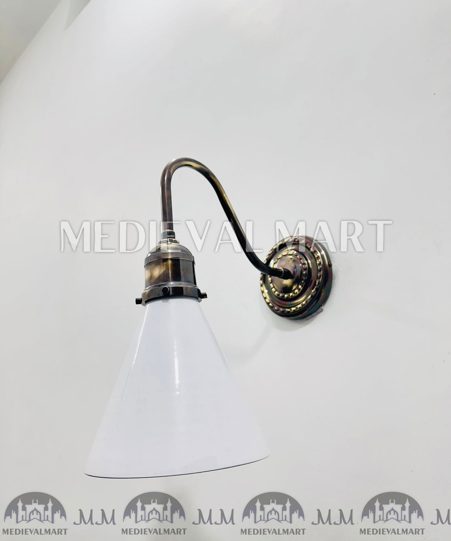 MEDIEVALMART Mid Century Modern Brass Diabolo Wall Lamp - White Glass Sconce