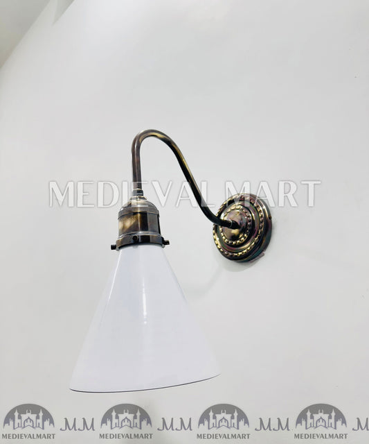 MEDIEVALMART Mid Century Modern Brass Diabolo Wall Lamp - White Glass Sconce