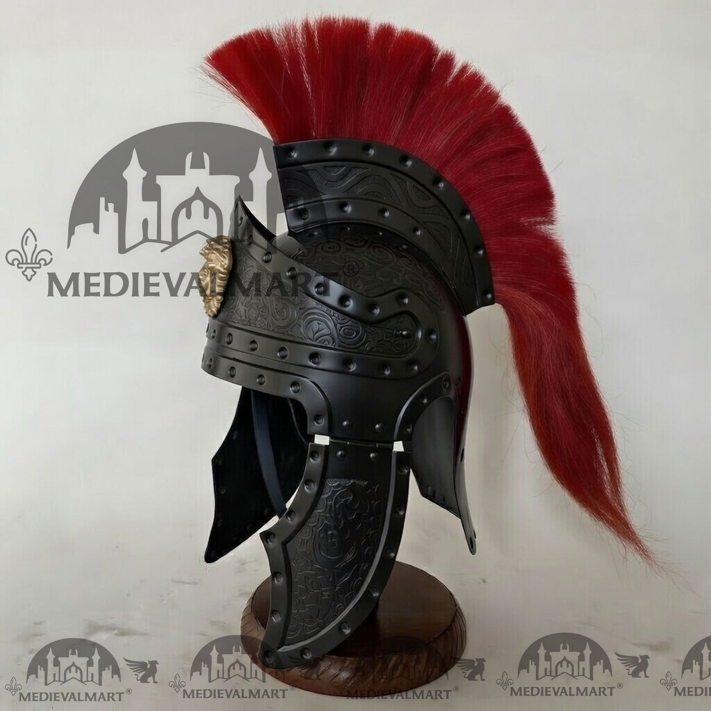 MEDIEVALMART Medieval Roman Centurion Black Finish Helmet with Red Plume or Free Wooden Stand