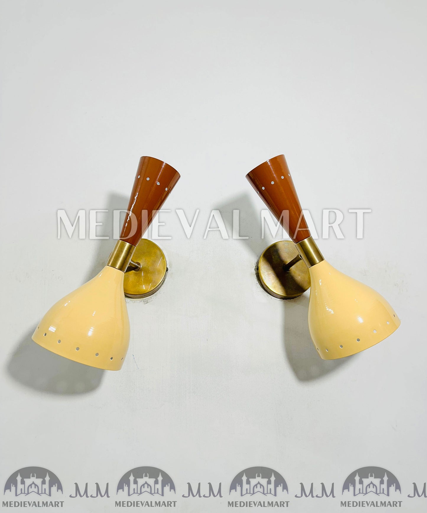 MEDIEVALMART Brass Wall Sconce Pair Beige & White Mid Century Italian Adjustable Lamp Light