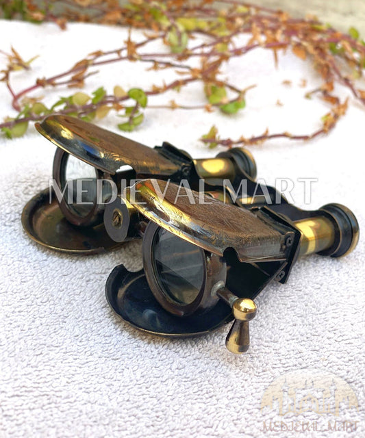 MEDIEVALMART Vintage Brass Opera Glasses W/H Embossed Leather Case, Steampunk Decor