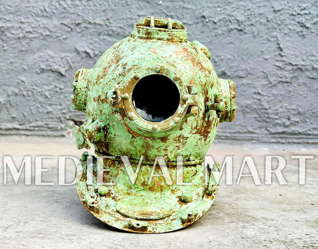 MEDIEVALMART Rusty Lite Green Diving Helmet With Wooden Base