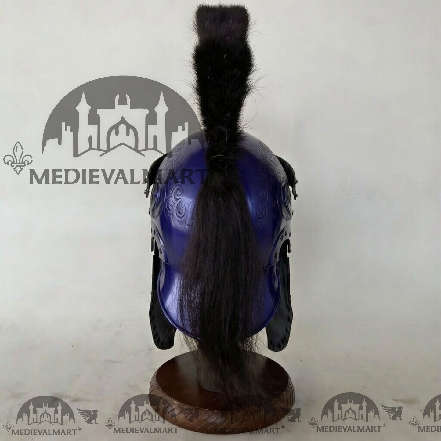 MEDIEVALMART Medieval Roman Centurion Blue Finish Helmet with Black Plume or Free Wooden Stand