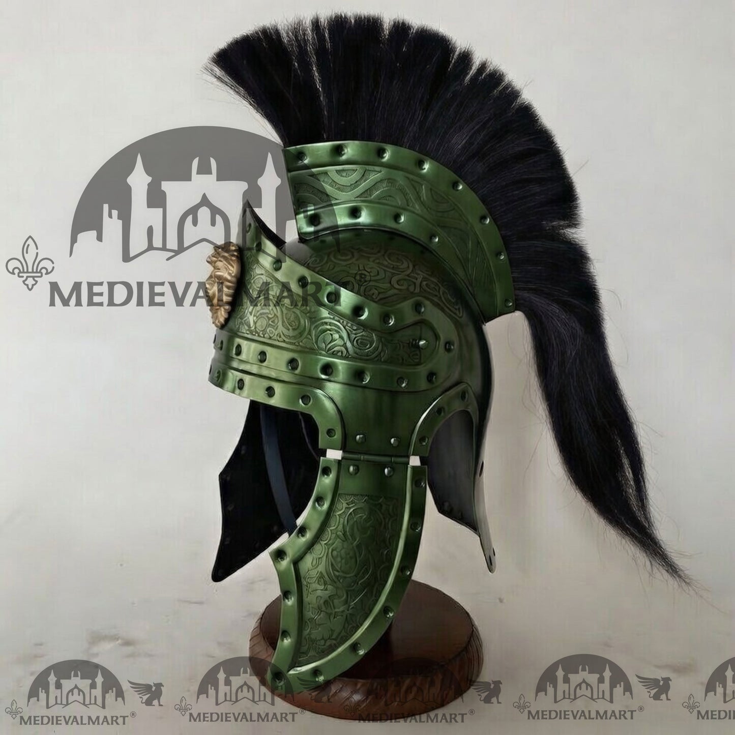 MEDIEVALMART Medieval Roman Centurion Jade Green Finish Helmet with Black Plume or Free Wooden Stand