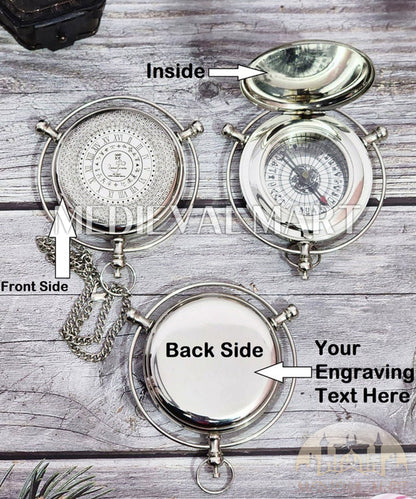 MEDIEVALMART Nautical Custom Engraved Alethiometer Chrome Pocket Compass Chrome Finish W/H Lather Case | Gift For Mom