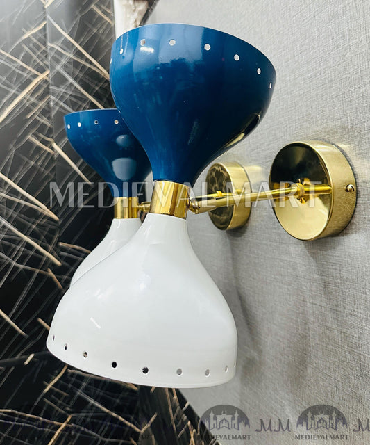 MEDIEVALMART Mid-Century Modern Diabolo Wall Sconces: Blue & White Brass Accent Lights (Pair)
