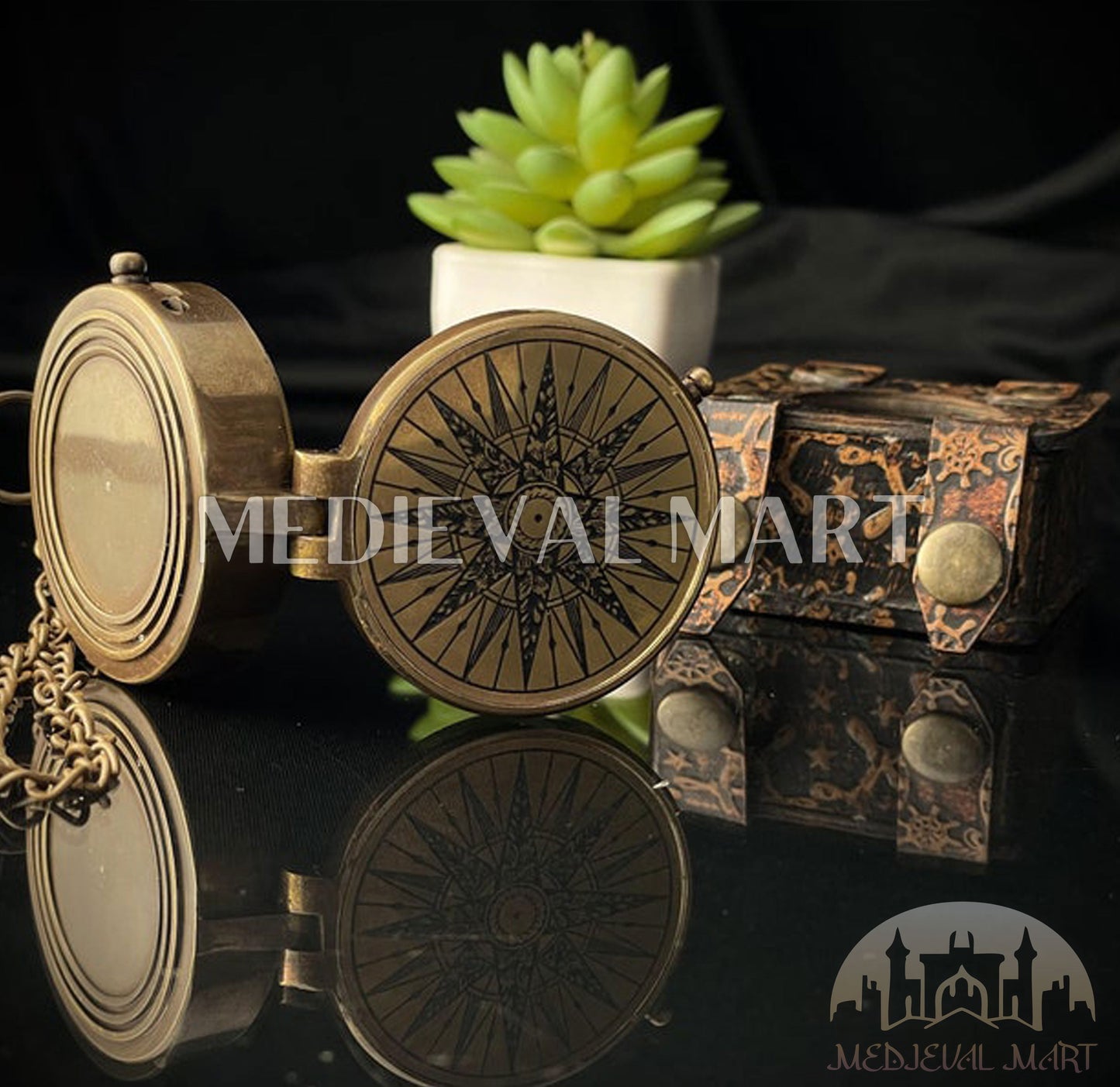MEDIEVALMART Nautical Brass Engraved Adventure Vintage Compass Gold Finish W/H Gen-3 Leather Case | Gift For Dad