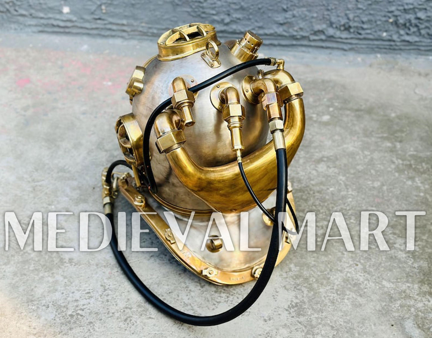 MEDIEVALMART  1945 US Navy Helium Copper brass Diving Helmet With Wooden Base