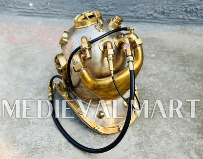 MEDIEVALMART  1945 US Navy Helium Copper brass Diving Helmet With Wooden Base