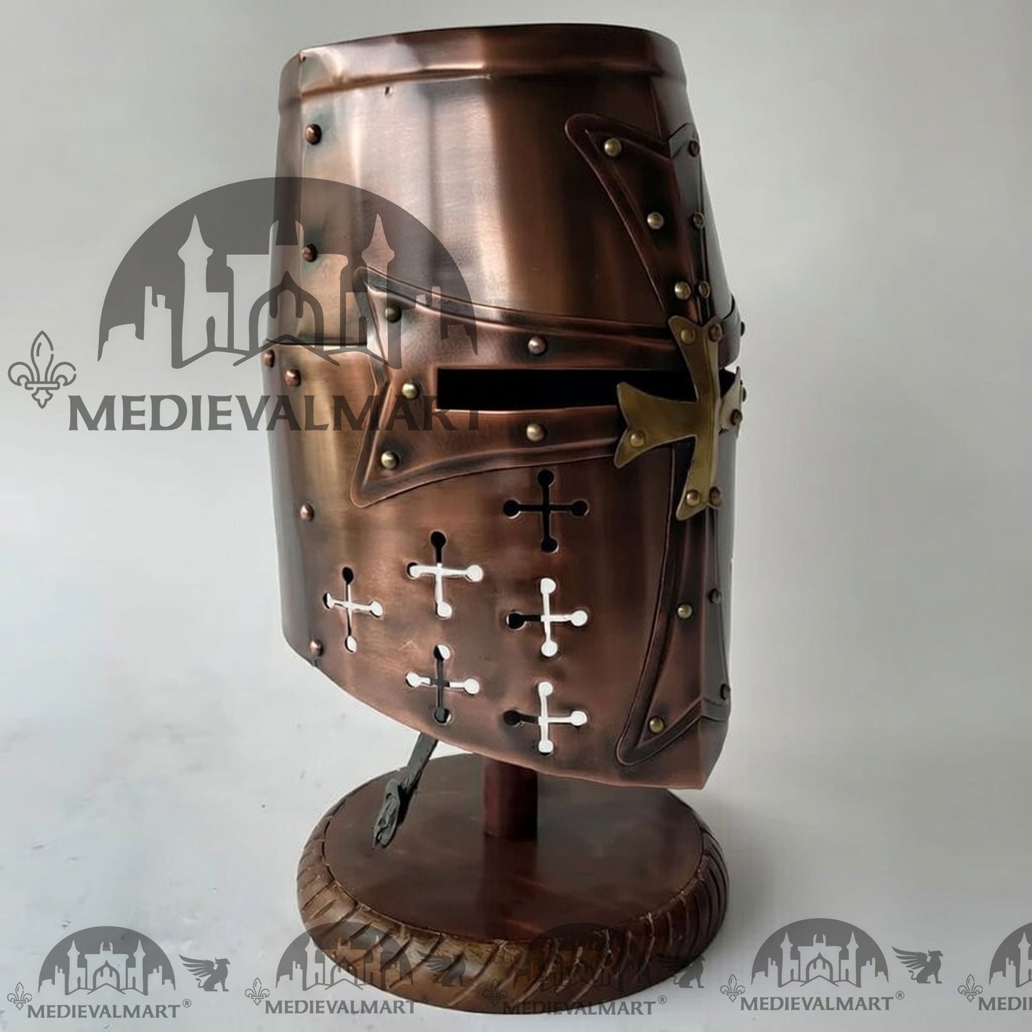 MEDIEVALMART Special Templar Crusader Knight Full Antique Copper Finish Helmet W/H Free Stand