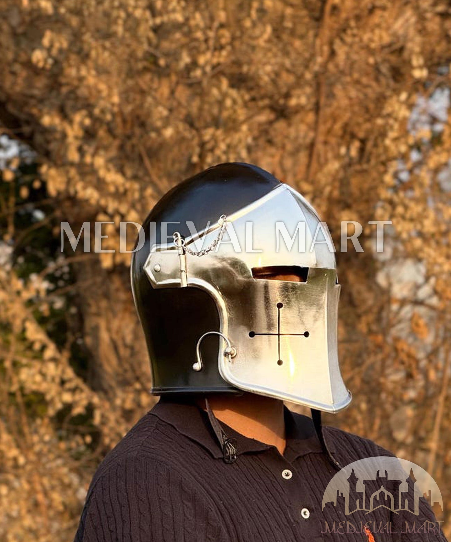 MEDIEVALMART Medieval Knight Armor 18g Mild Steel Black Barbuta Helmet for LARP or Cosplay - Gift For Dad