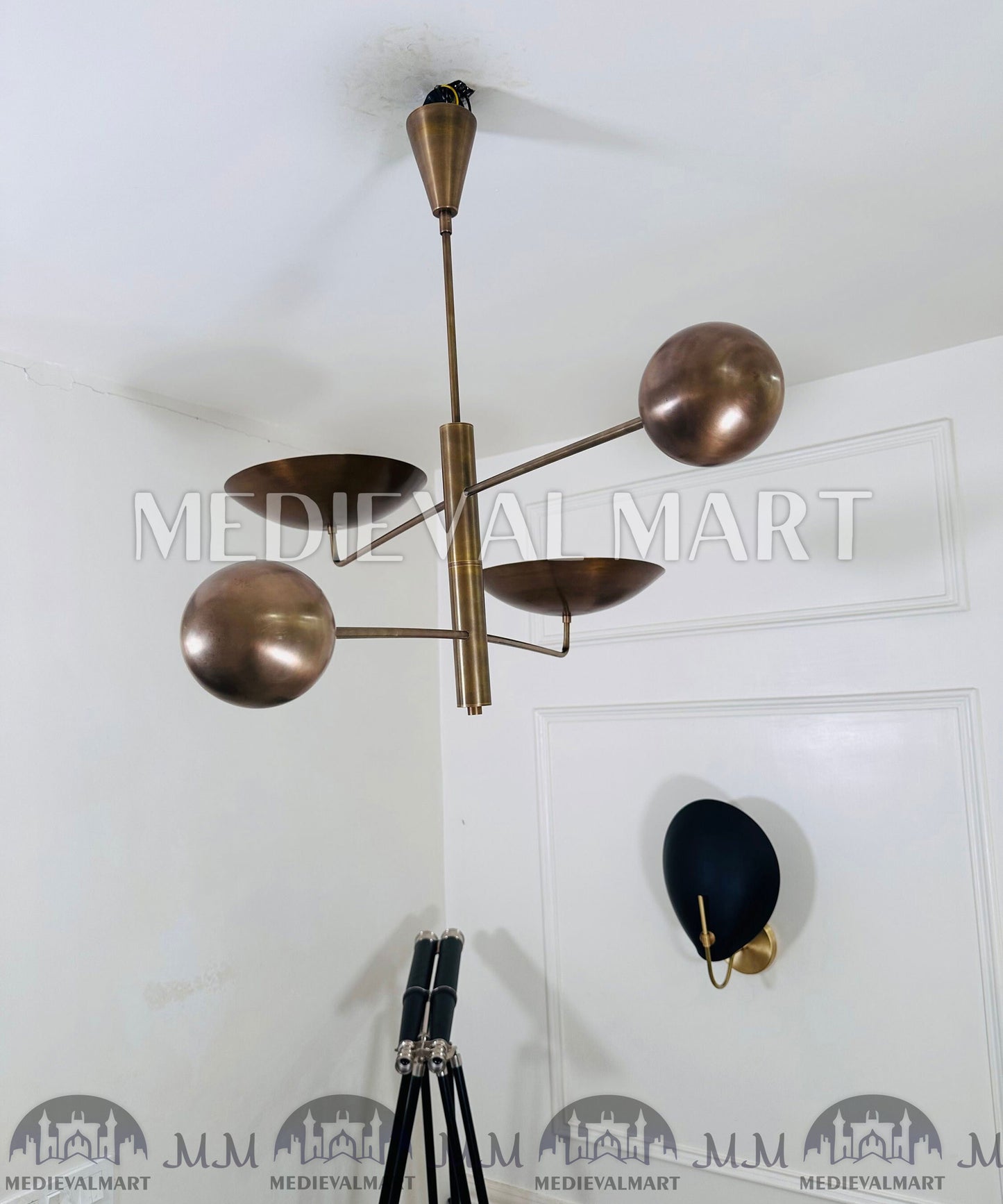 MEDIEVALMART Antique Italian Brass Mid Century Modern Chandelier | 2-Light Counterweight Fixture