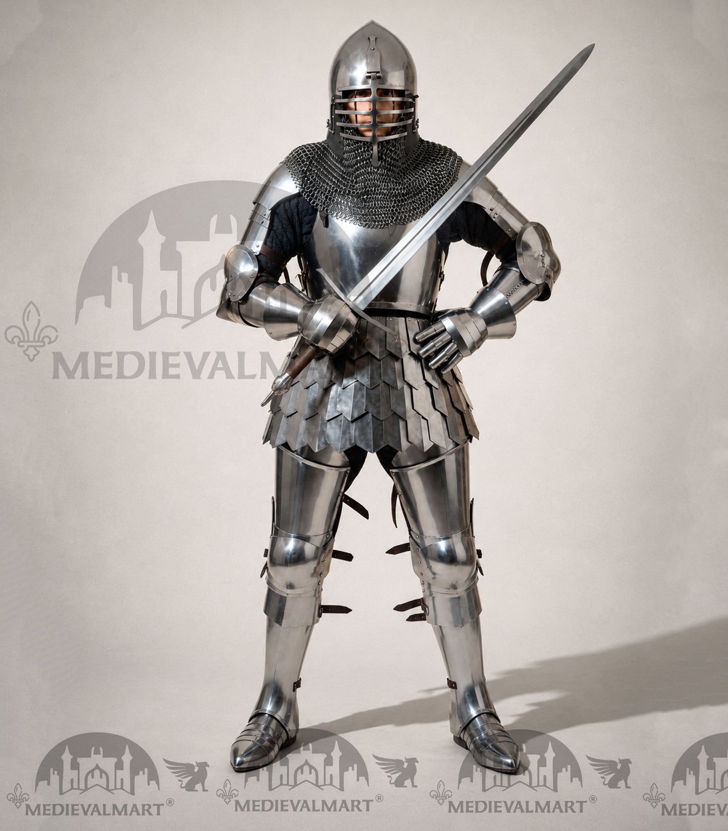 MEDIEVALMART 14th Century Knight Crusader-Era Transitional Plate Hybrid Armor W/H Wolf Ribs Bacinet & Pole Arms Hammer