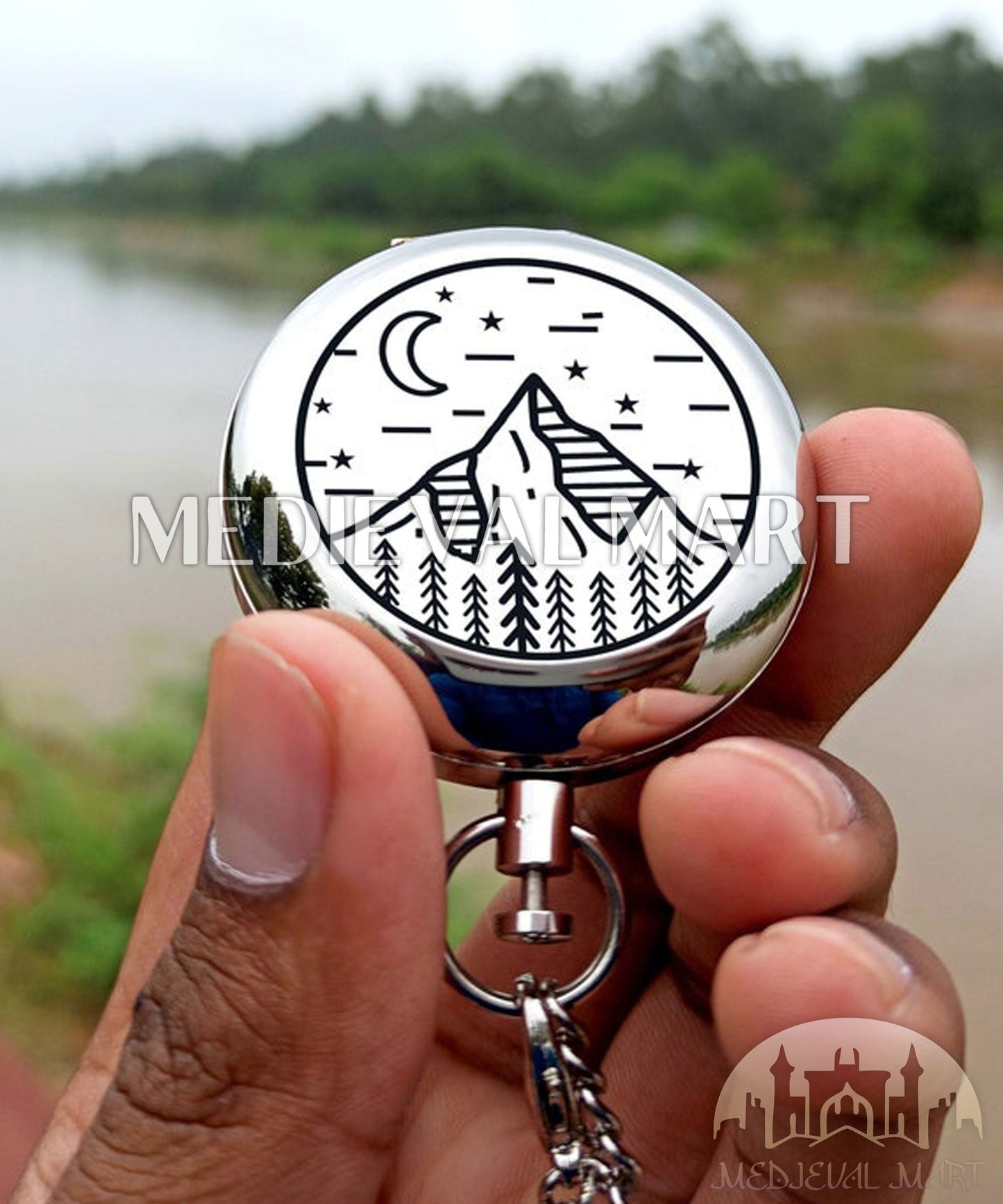 MEDIEVALMART Minimalist Nautical Cute Engrave Pocket Compass Chrome Finish W/H Gen-2 Wooden Case | Gift For Mom
