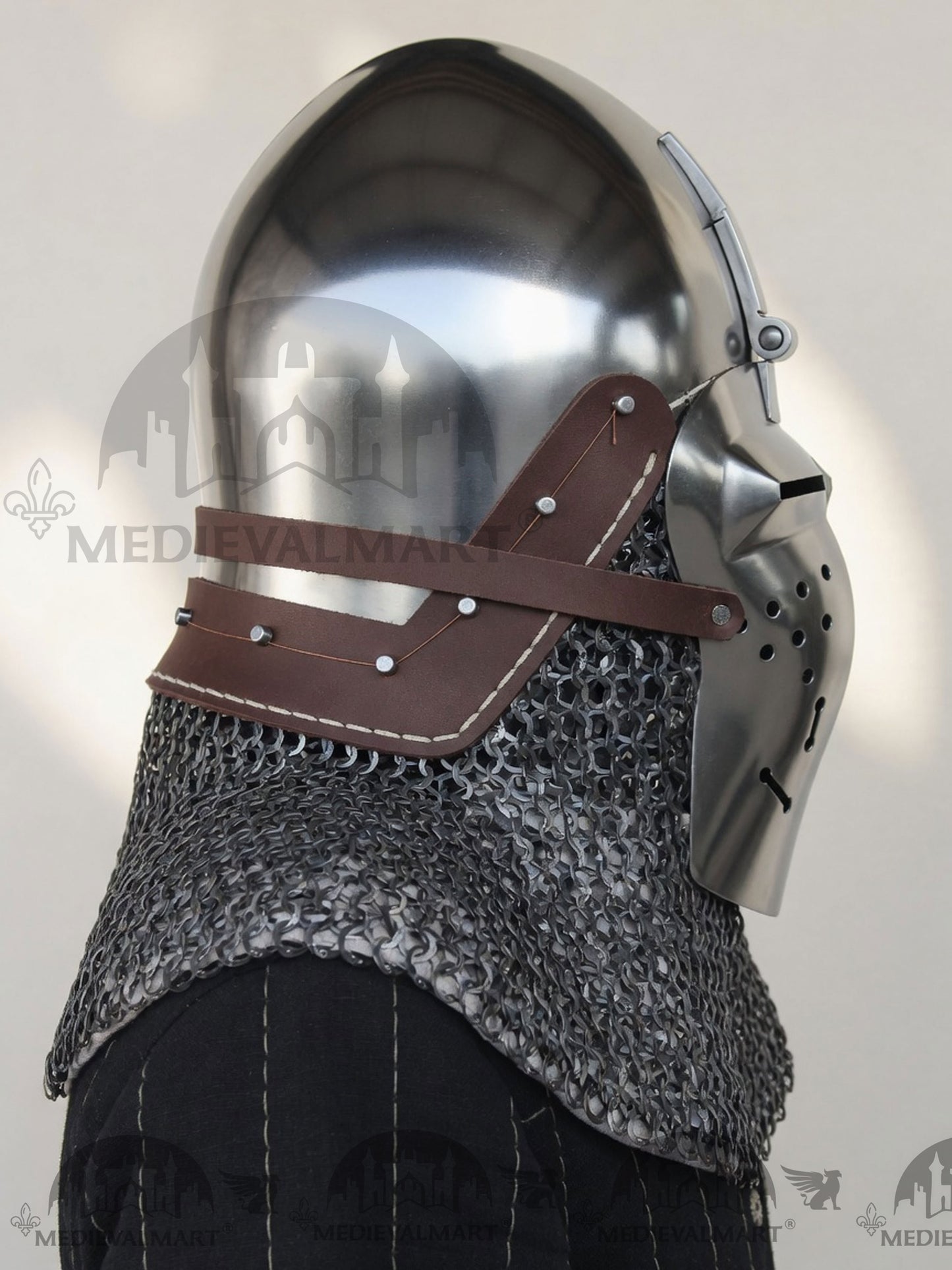 MEDIEVALMART Medieval Klappvisier Bascinet Helmet with Hinged Visor & Chainmail Aventail, Best for Reenactment