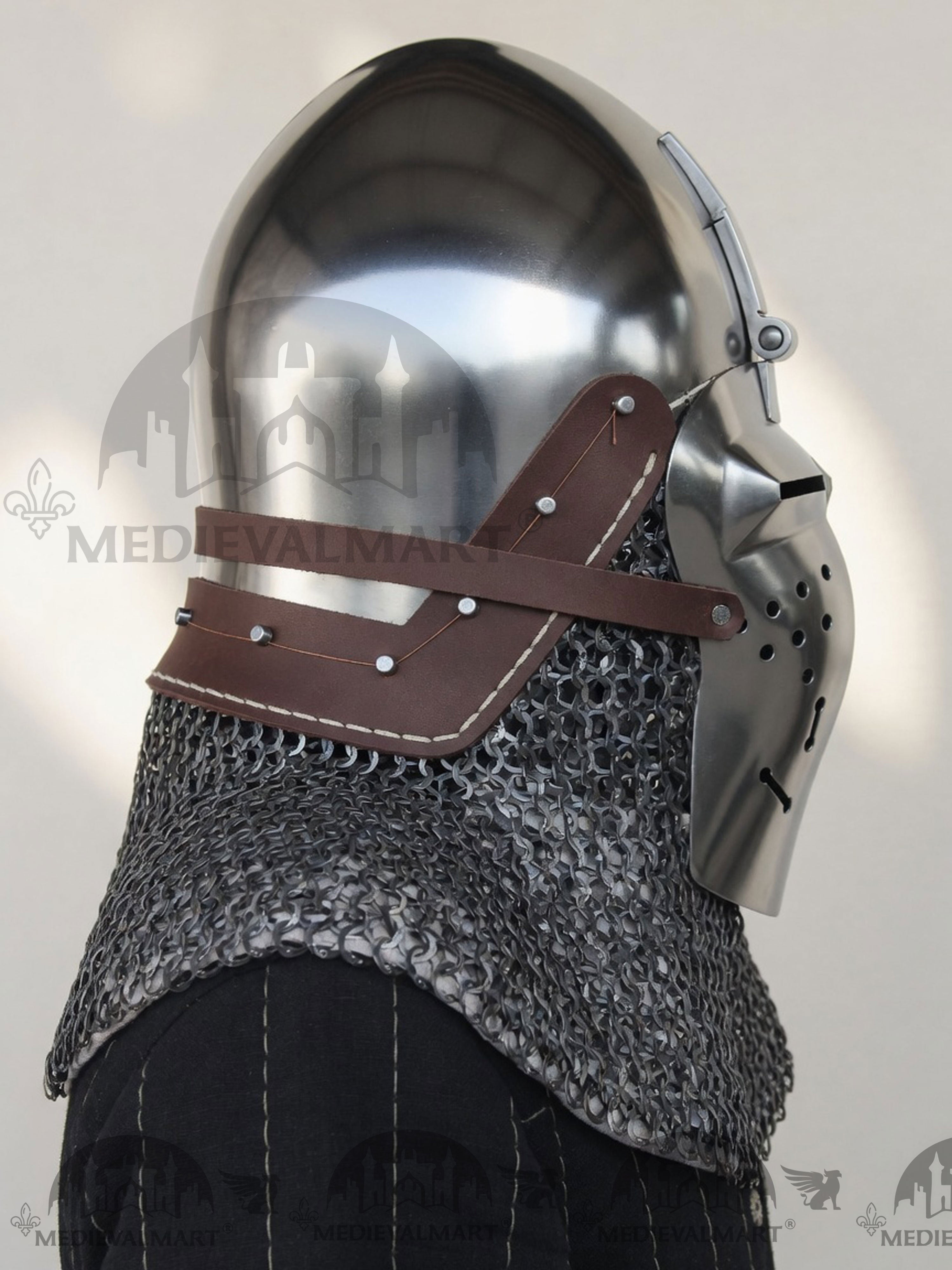 MEDIEVALMART Medieval Klappvisier Bascinet Helmet with Hinged Visor & Chainmail Aventail, Best for Reenactment