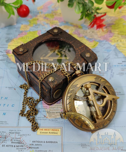 MEDIEVALMART Nautical Vintage Brass Sundial Pocket Compass Gold Finish W/H Gen-3 Pandora Case | Gift For Mom & Dad