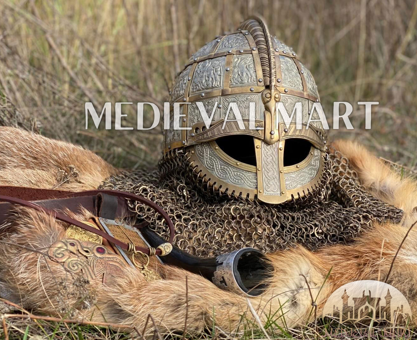 MEDIEVALMART Medieval Viking Vendel Period Broa Helmet with Bass Decoration & Titanium Chainmail