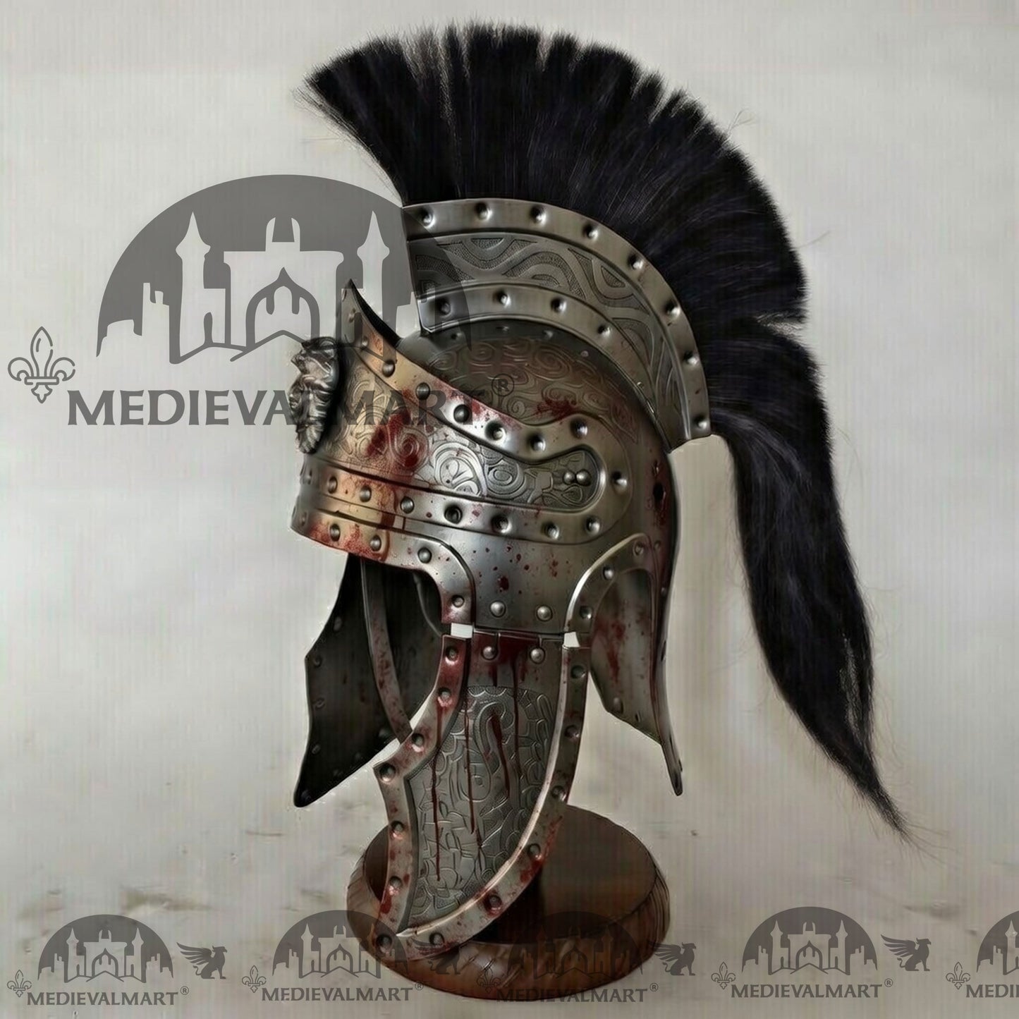 MEDIEVALMART Medieval Roman Centurion Silver Battle Damage W/H Blood Finish Helmet with Black Plume or Free Wooden Stand