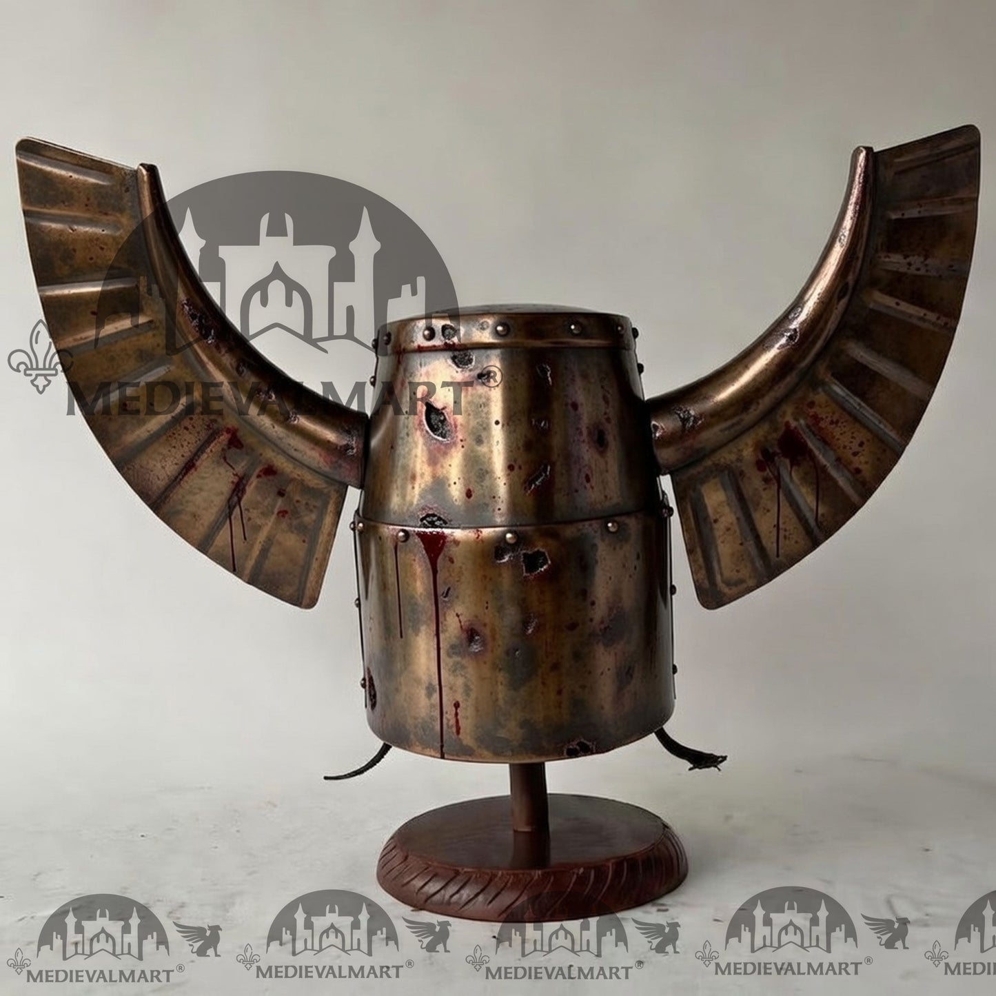 MEDIEVALMART Medieval Templar Warrior Teutonic Damage Copper W/H Blood Finish Wing Helmet with Free Stand