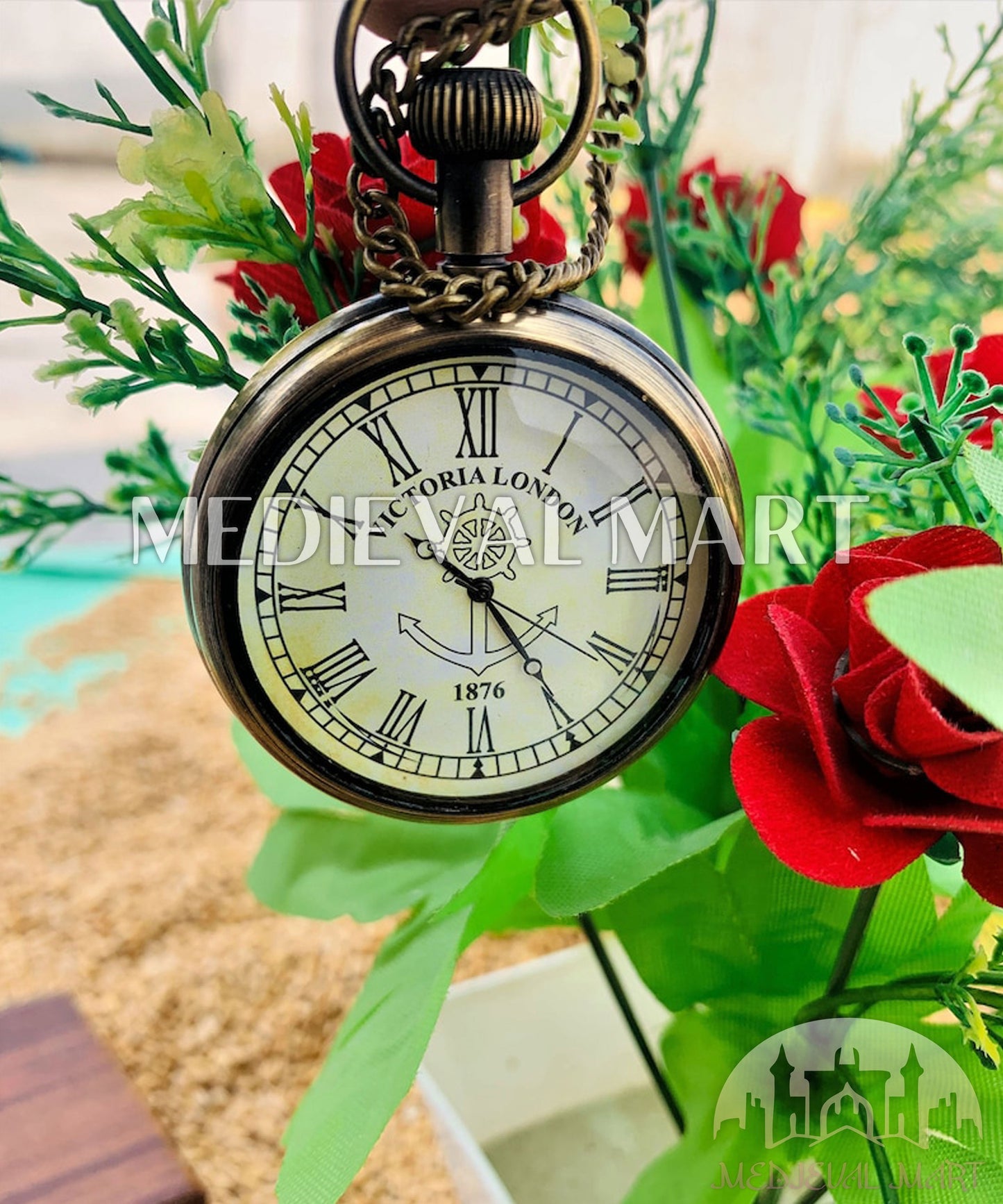 MEDIEVALMART Nautical Pirate Victorian Antique Locket Clock Bronze Finish W/H Gen-1 Wooden Case | Gift For Mom & Dad