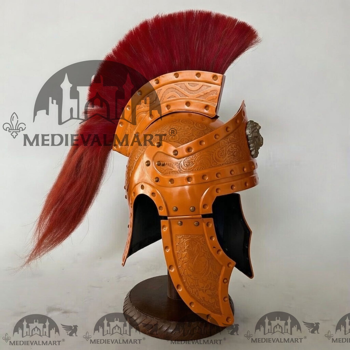 MEDIEVALMART Medieval Roman Centurion Orange Finish Helmet with Red Plume or Free Wooden Stand