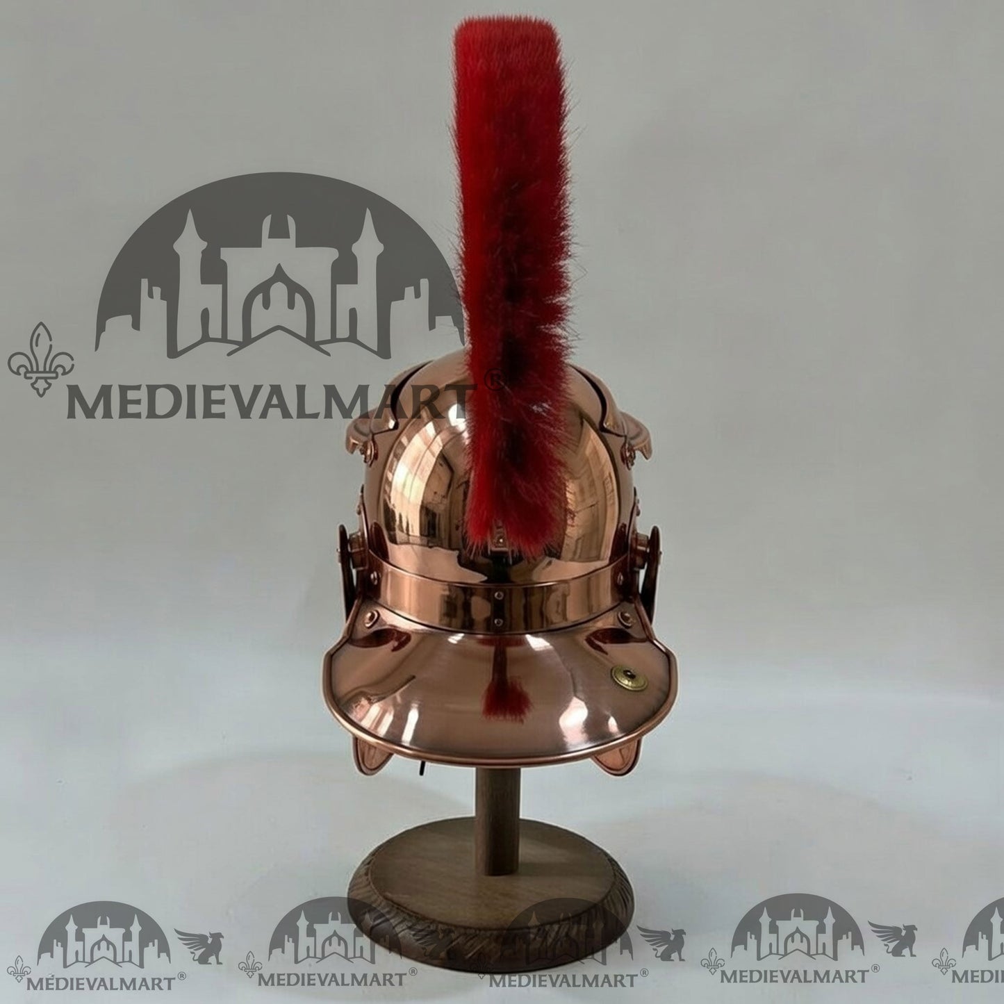 MEDIEVALMART Gallic Roman Centurion Copper Finish Helmet Replica Red Plume with Free Stand