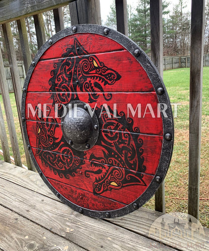 MEDIEVALMART Viking's Fenrir Red Athena’s Authentic  Battleworn Viking Wooden Shield | Gifts For Dad