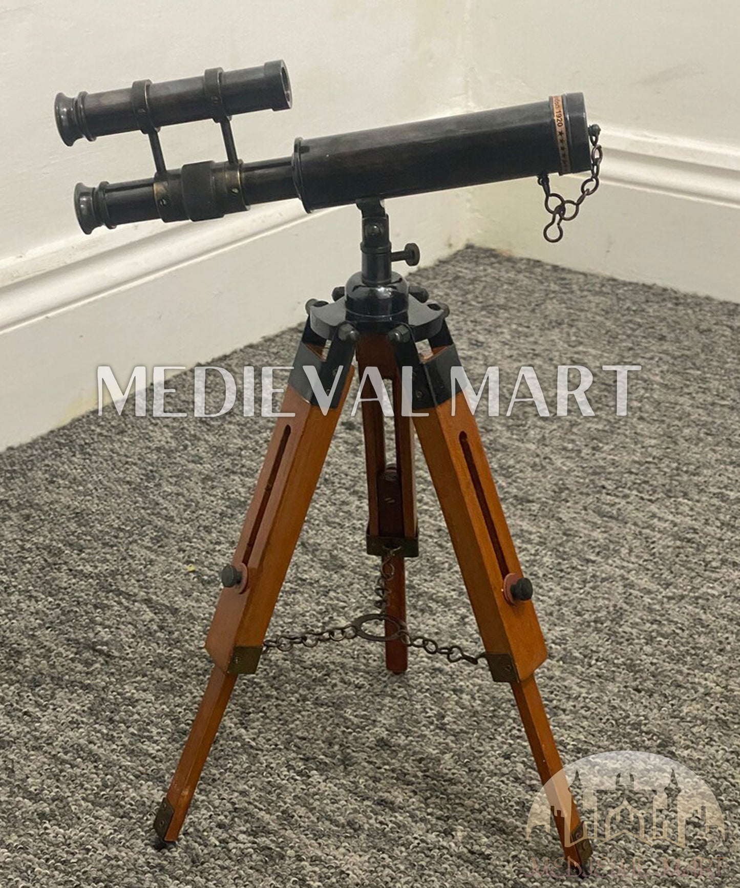 MEDIEVALMART Nautical Telescope 10 Inch Double Barrel Solid Brass Spyglass With Wooden Tripod