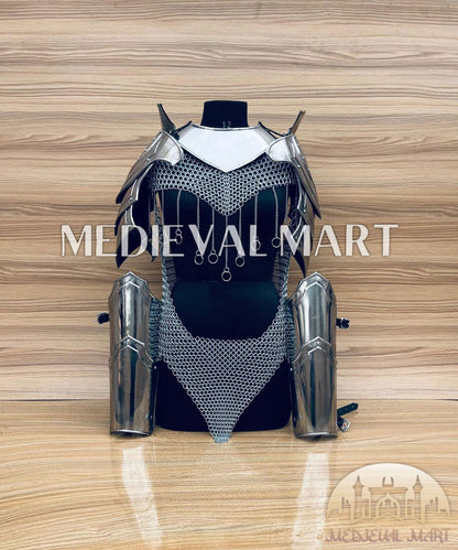 MEDIEVALMART (Isolara Dragonplate) Women’s Armor W/H (Sable Knight) Chainmail + Arms Armor