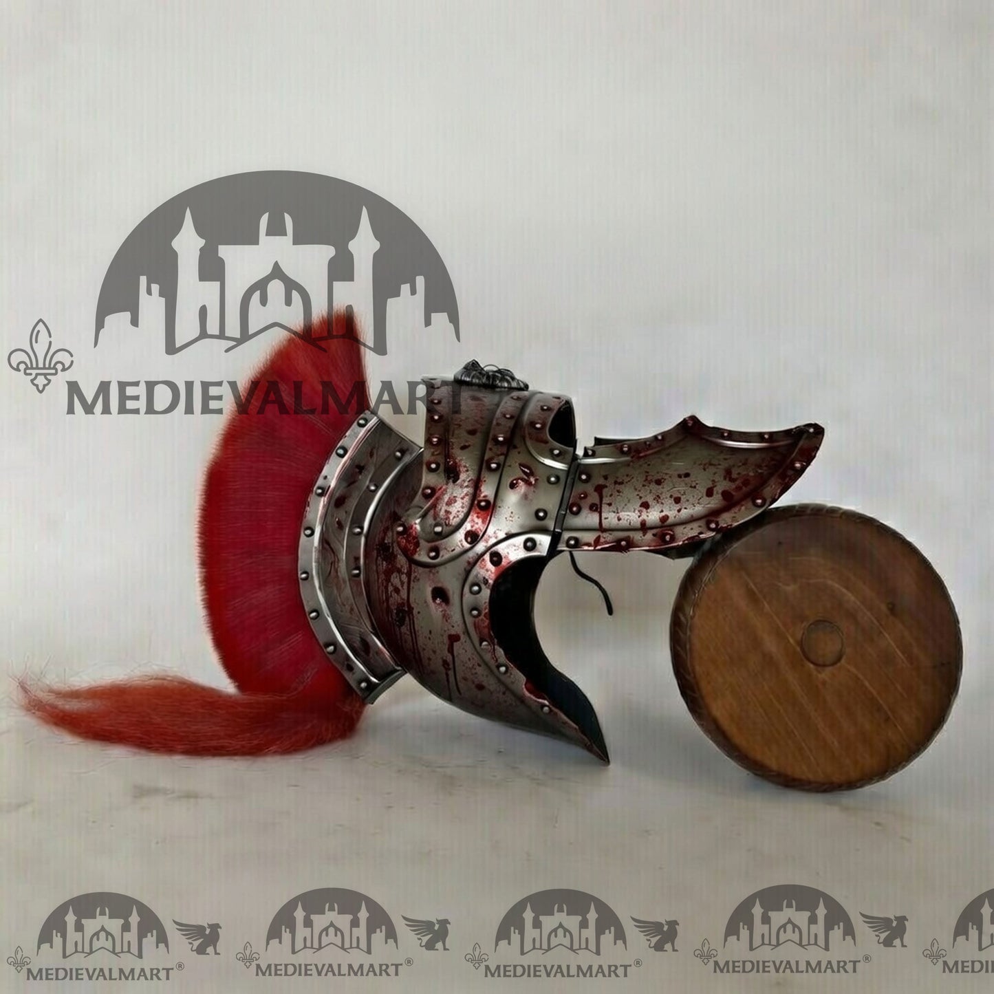 MEDIEVALMART Medieval Roman Centurion Silver Battle Damage W/H Blood Finish Helmet with Red Plume or Free Wooden Stand