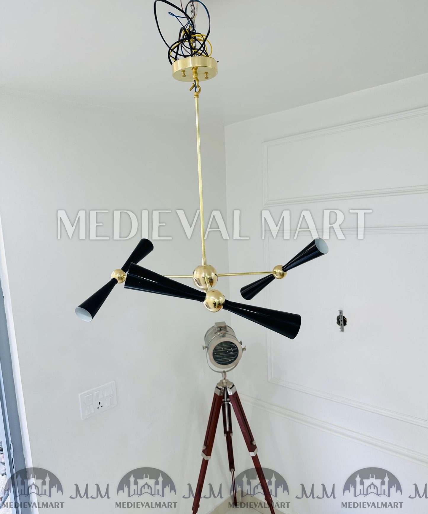 MEDIEVALMART Modern Brass Sputnik 3 Arm Chandelier | Mid Century Stilnovo Style Light Fixture