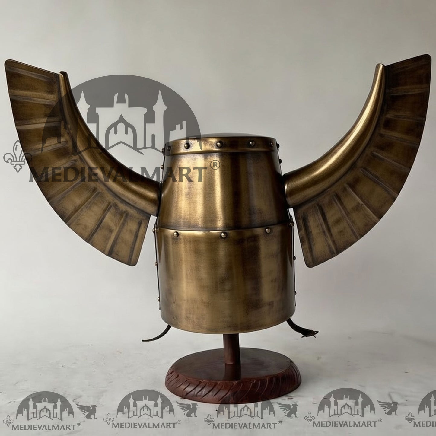 MEDIEVALMART Medieval Templar Warrior Teutonic Antique Gold Finish Wing Helmet with Free Stand