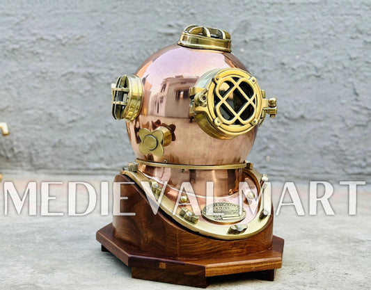 MEDIEVALMART Nautical Rose Gold Finish Diving Helmet With Wooden Base