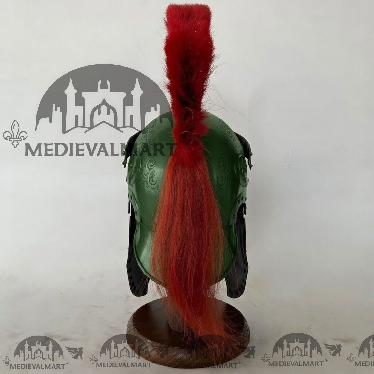 MEDIEVALMART Medieval Roman Centurion Jade Green Finish Helmet with Red Plume or Free Wooden Stand