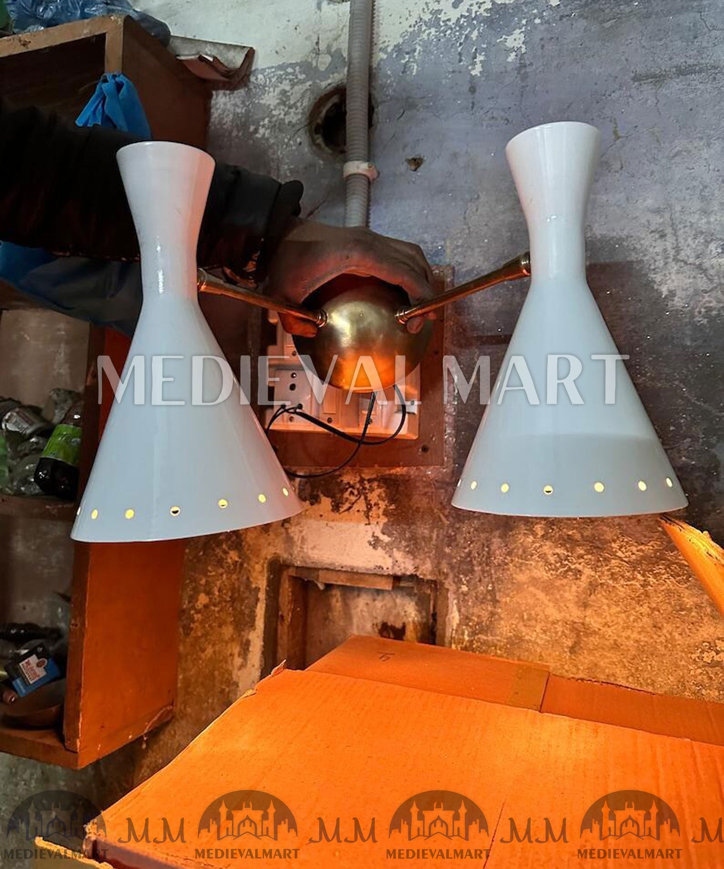 MEDIEVALMART Pair of Italian Beige Double Wall Lights: White Lamp Wall Decor