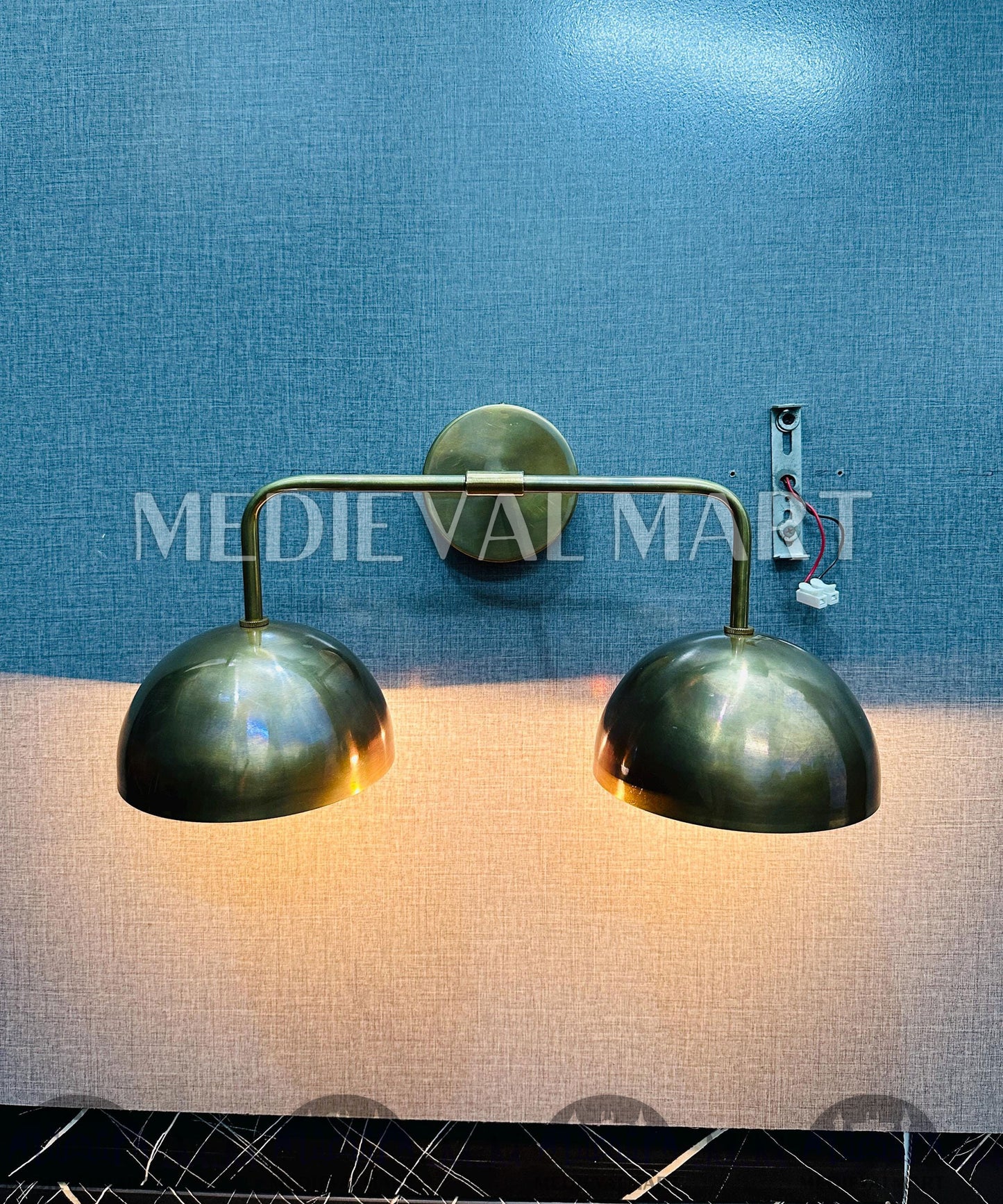 MEDIEVALMART 1950s Brass Double Dome Wall Sconce: Mid-Century Modern Industrial Light