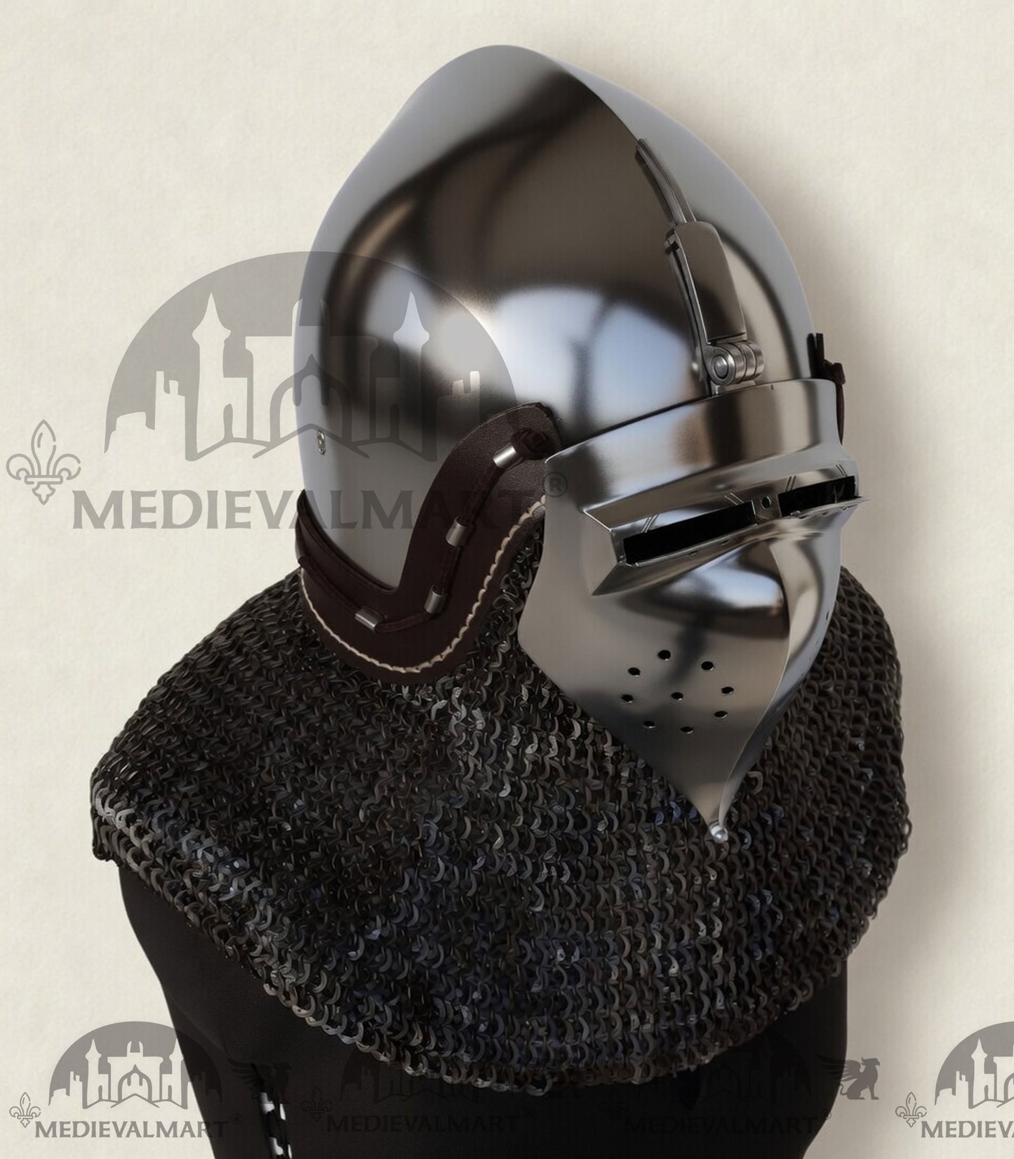 MEDIEVALMART XIV Century Medieval "The Wayward Knight" klappvisor Bascinet Helmet with Chainmail